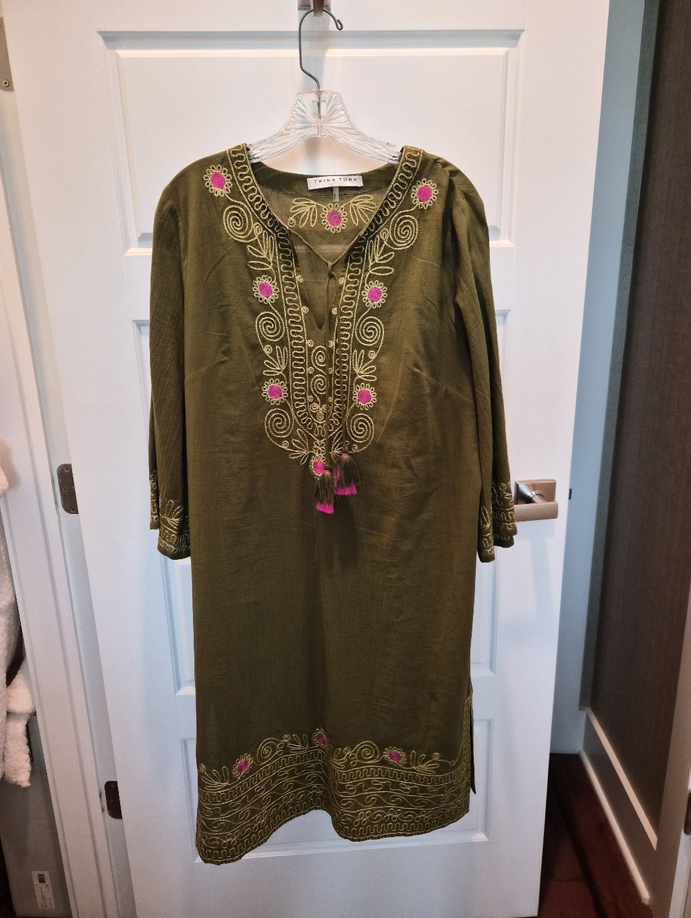 Trina Turk Olive Green Midi Dress with Pink Embroidery